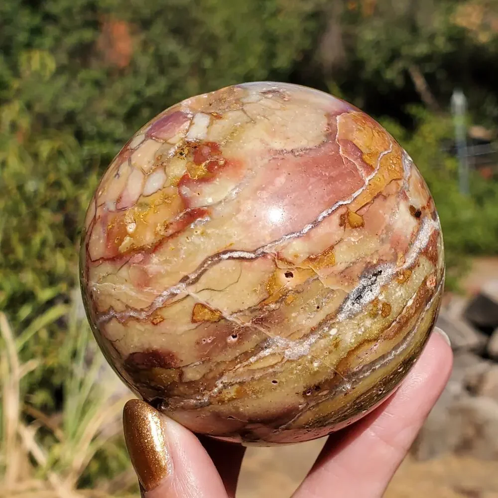 Pink Ocean Ibis Jasper Brecciated Sphere w/ Caves Druzy 458 grams 71mm
